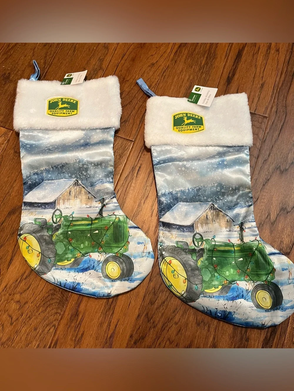 Two NWT John Deere Green and Yellow Tractor Christmas Stockings with White Cuffs